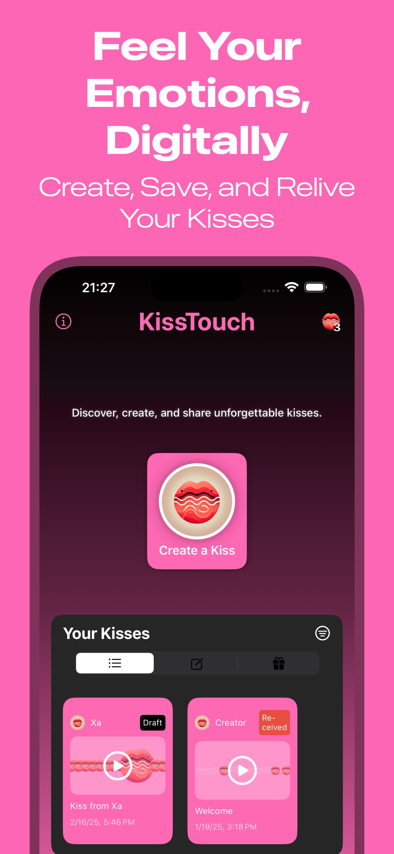 KissTouch App - Create and Collect Kisses Interface